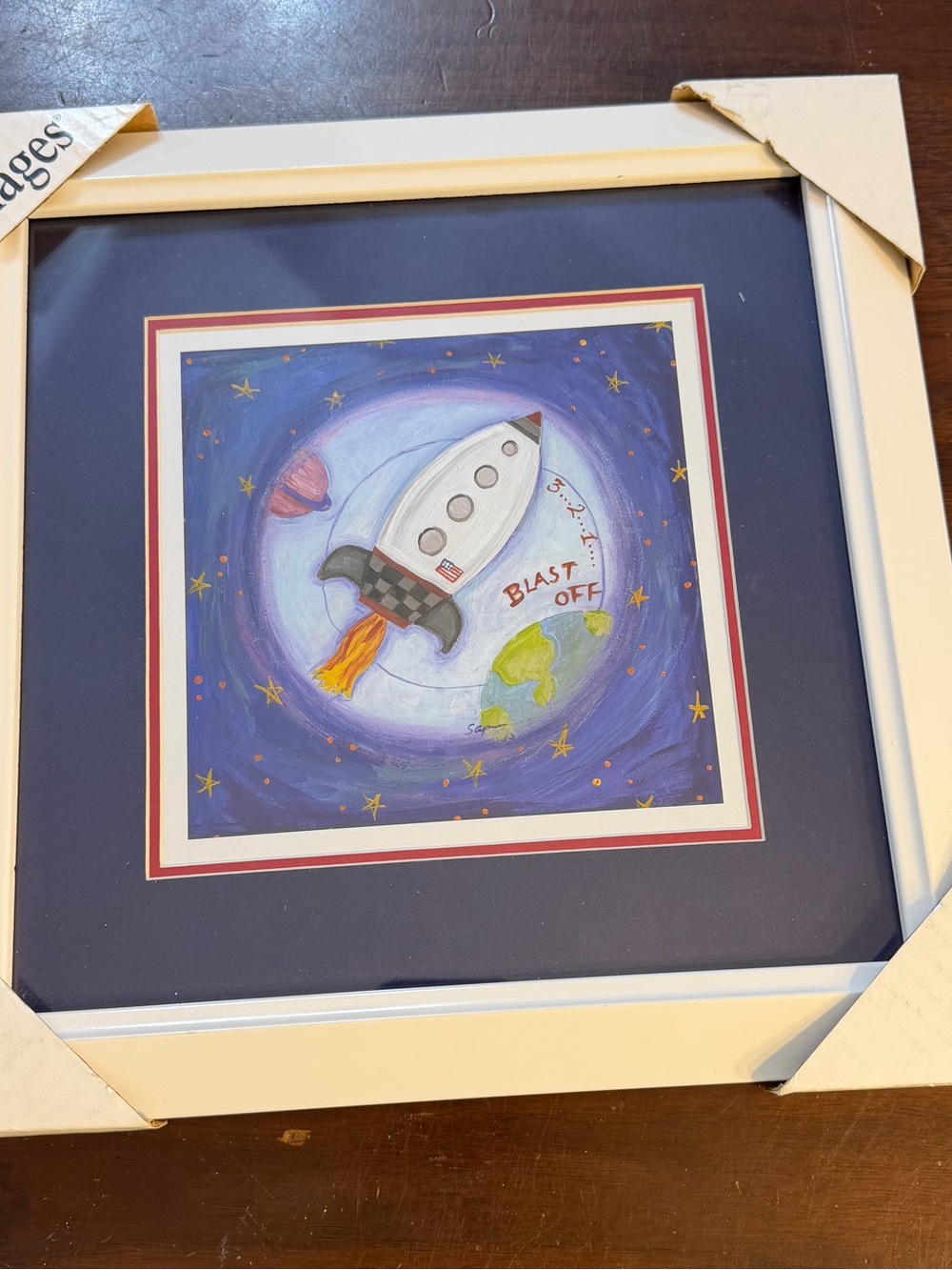 NWT Kohl's White 12x12” Framed 'Blast Off' space Rocket Art Navy, white,Red Mat